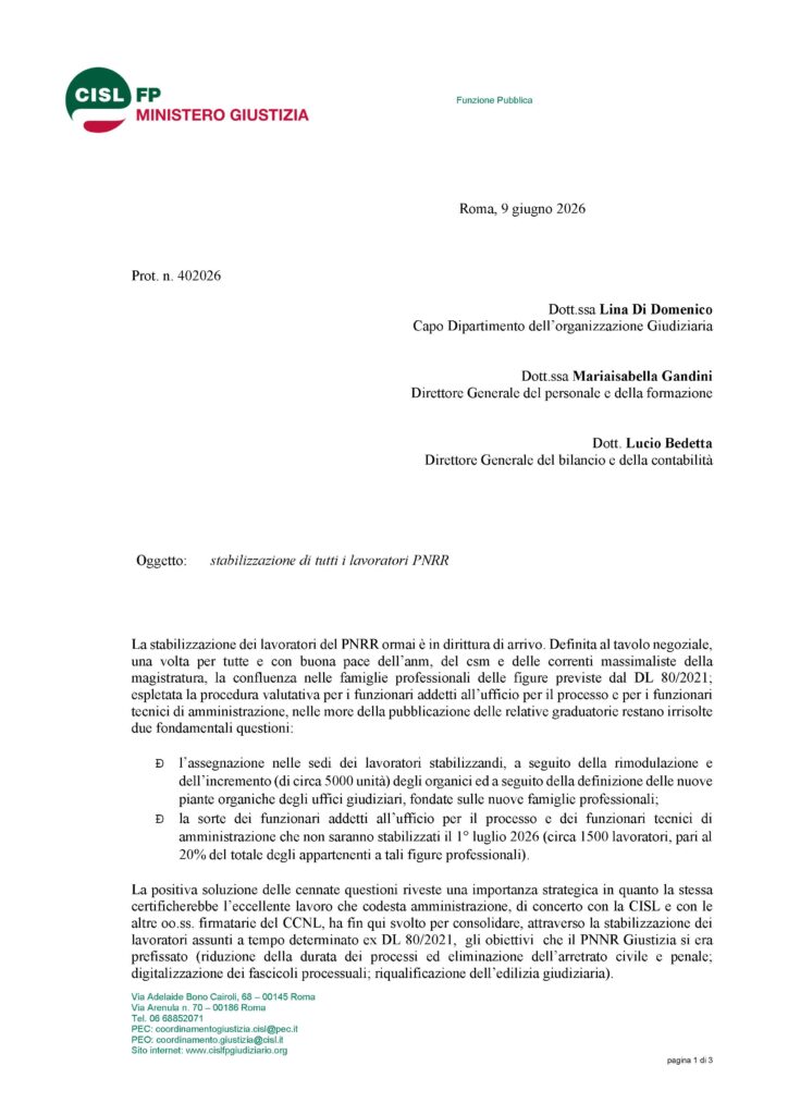 179 – STABILIZZAZIONE DI TUTTI I LAVORATORI PNRR – LA NOTA DELLA CISL