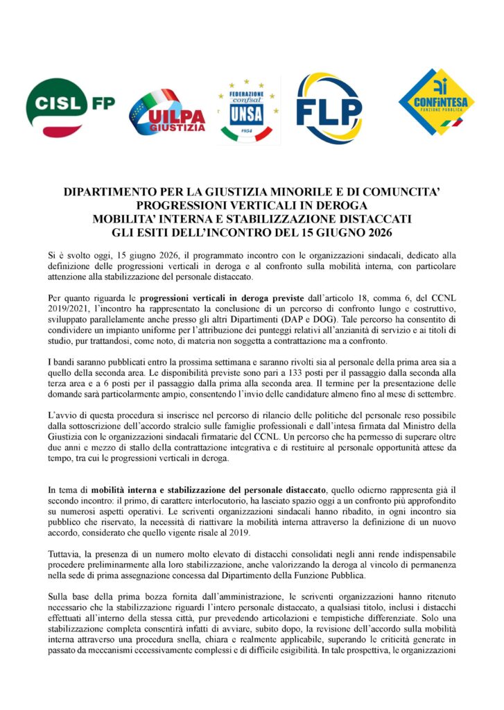 184 – DIPARTIMENTO PER LA GIUSTIZIA MINORILE E DI COMUNITA’ – PROGRESSIONI VERTICALI IN DEROGA, MOBILITA’ INTERNA E STABILIZZAZIONE DISTACCATI – GLI ESITI DELL’INCONTRO DEL 15 GIUGNO 2026