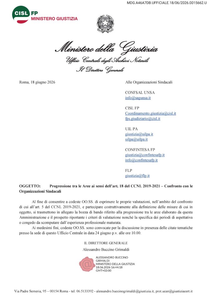 190 – PROGRESSIONE TRA LE AREE AI SENSI DELL’ART. 18 DEL CCNL 2019-2021 – CONFRONTO CON LE ORGANIZZAZIONI SINDACALI