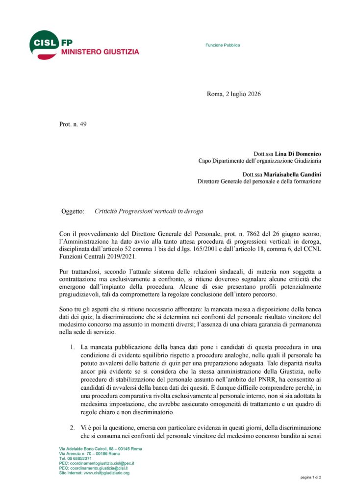 215 – CRITICITÀ PROGRESSIONI VERTICALI IN DEROGA – LA NOTA DELLA CISL
