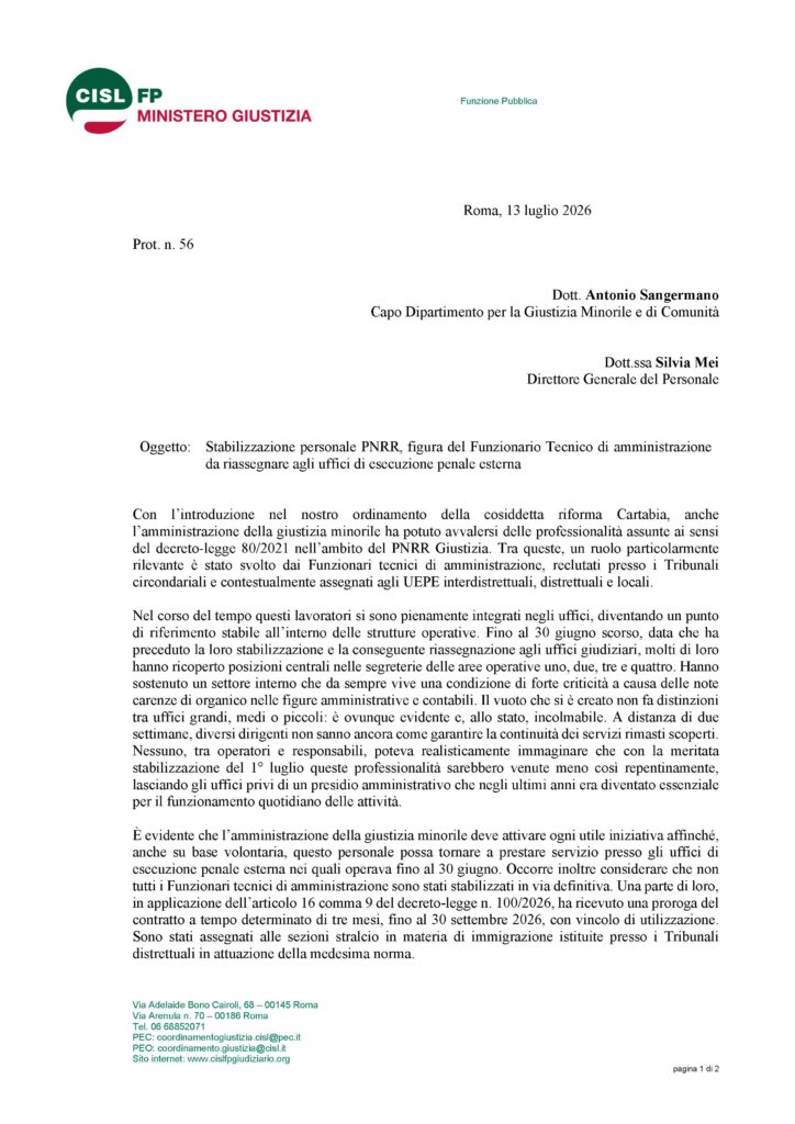 225 – STABILIZZAZIONE PERSONALE PNRR, FIGURA DEL FUNZIONARIO TECNICO DI AMMINISTRAZIONE DA RIASSEGNARE AGLI UFFICI DI ESECUZIONE PENALE ESTERNA – LA NOTA DELLA CISL