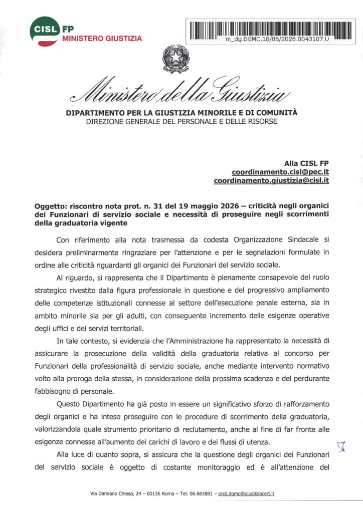 191 – RISCONTRO NOTA PROT. N. 31 DEL 19 MAGGIO 2026 – CRITICITÀ NEGLI ORGANICI DEI FUNZIONARI DI SERVIZIO SOCIALE E NECESSITÀ DI PROSEGUIRE NEGLI SCORRIMENTI DELLA GRADUATORIA VIGENTE