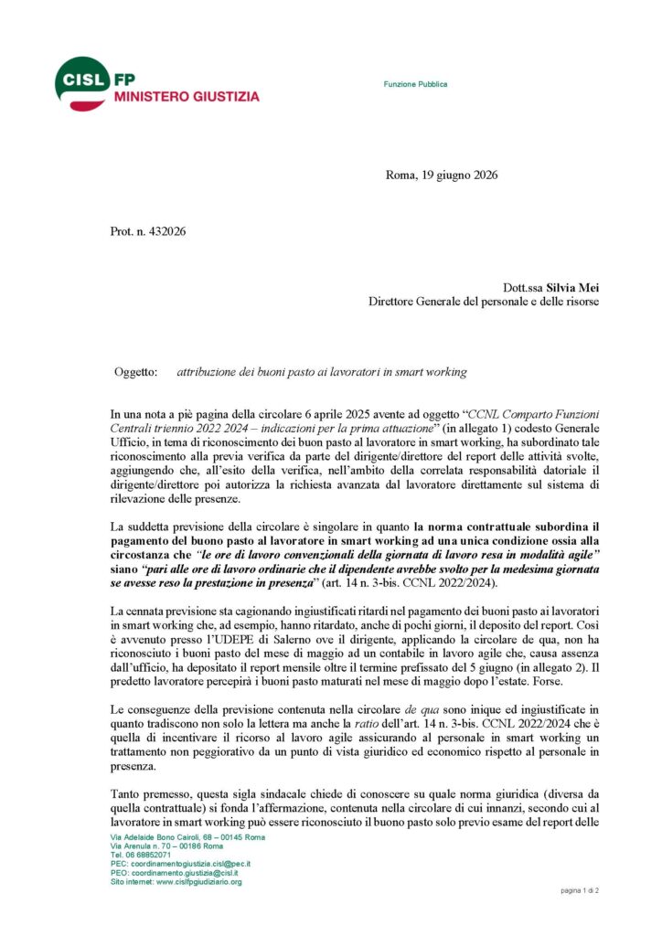 218 – ATTRIBUZIONE DEI BUONI PASTO AI LAVORATORI IN SMART WORKING – LA NOTA DELLA CISL FP