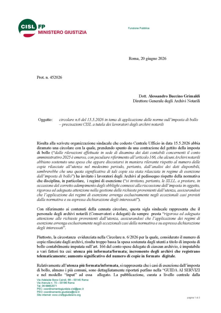 189 – CIRCOLARE N.6 DEL 15.5.2026 IN TEMA DI APPLICAZIONE DELLE NORME SULL’IMPOSTA DI BOLLO – PRECISAZIONI CISL A TUTELA DEI LAVORATORI DEGLI ARCHIVI NOTARILI