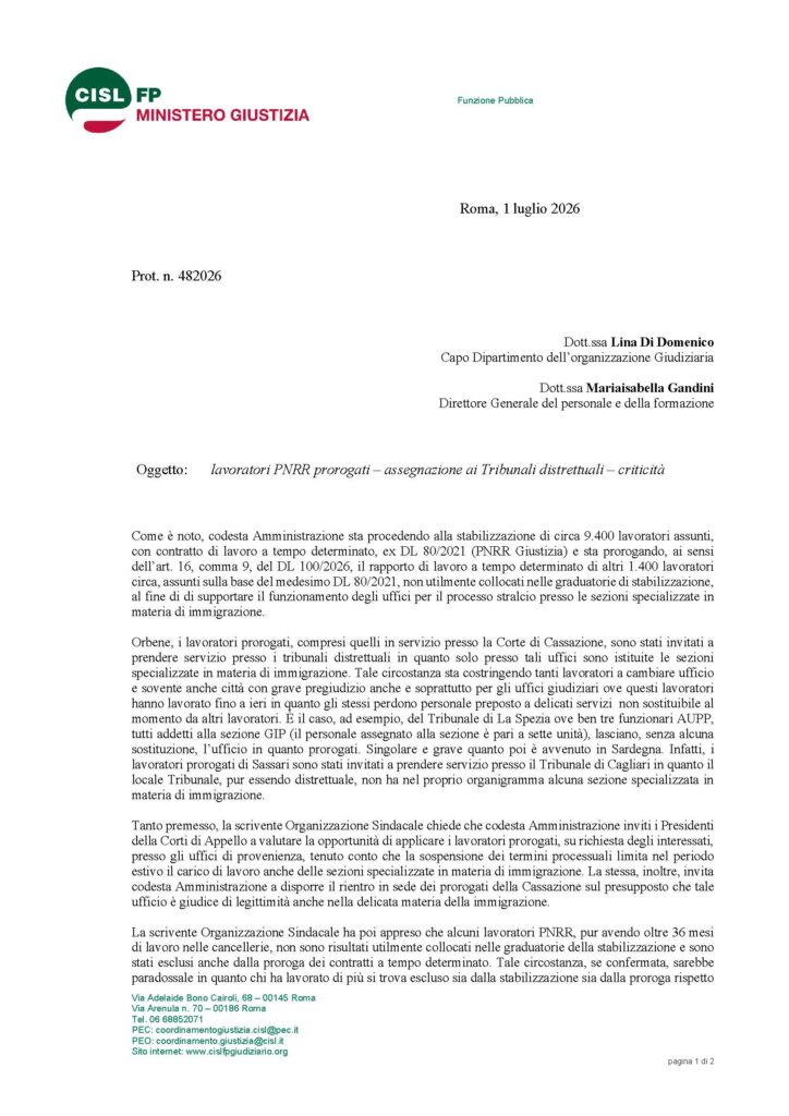 207 – LAVORATORI PNRR PROROGATI – ASSEGNAZIONE AI TRIBUNALI DISTRETTUALI – CRITICITÀ – LA NOTA DELLA CISL