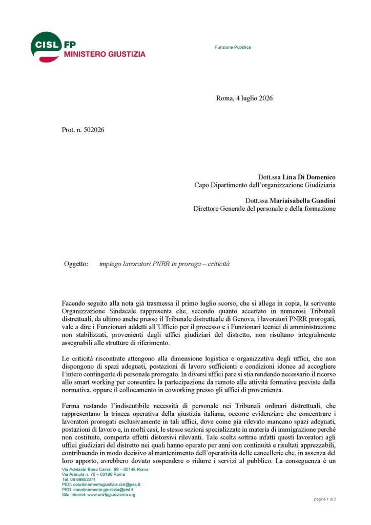 209 – IMPIEGO LAVORATORI PNRR IN PROROGA – CRITICITÀ – LA NOTA DELLA CISL