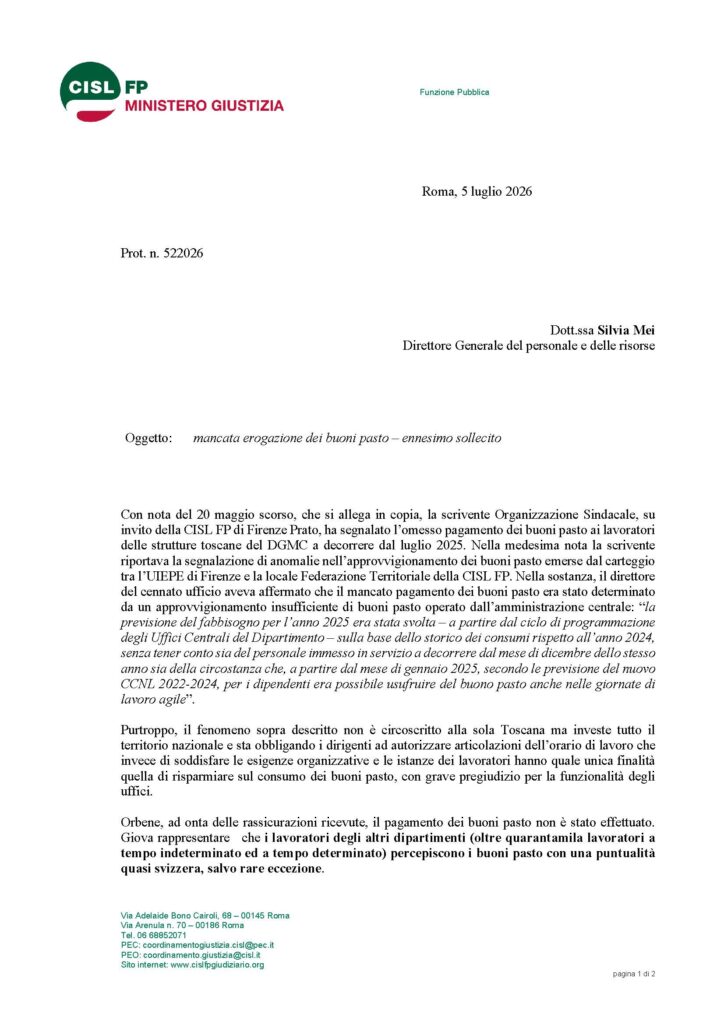210 – MANCATA EROGAZIONE DEI BUONI PASTO – ENNESIMO SOLLECITO – LA NOTA DELLA CISL