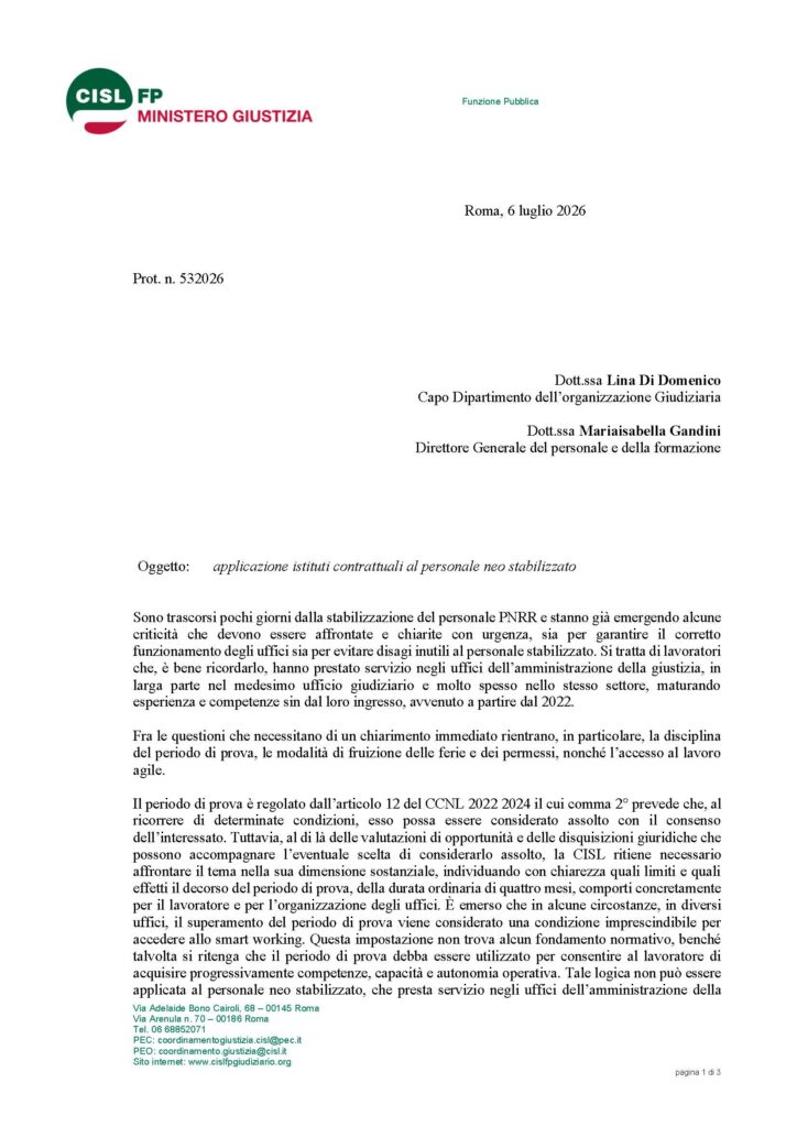 213 – APPLICAZIONE ISTITUTI CONTRATTUALI AL PERSONALE NEO STABILIZZATO – LA NOTA DELLA CISL FP