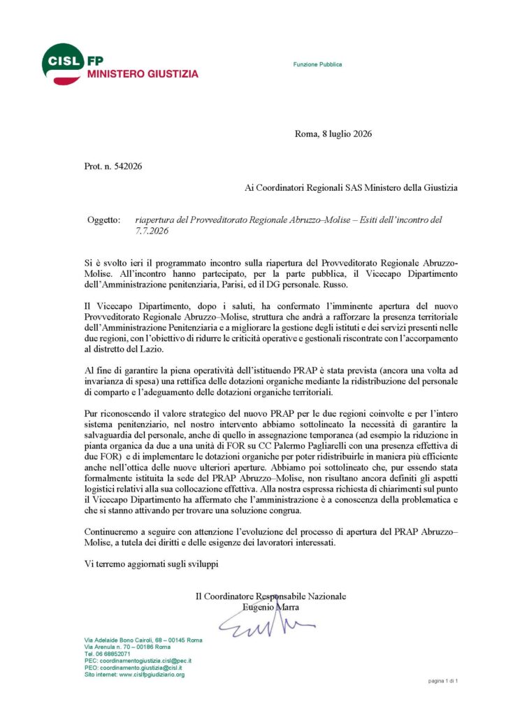 216 – RIAPERTURA DEL PROVVEDITORATO REGIONALE ABRUZZO–MOLISE – ESITI DELL’INCONTRO DEL 7.7.2026 – IL COMUNICATO DELLA CISL FP