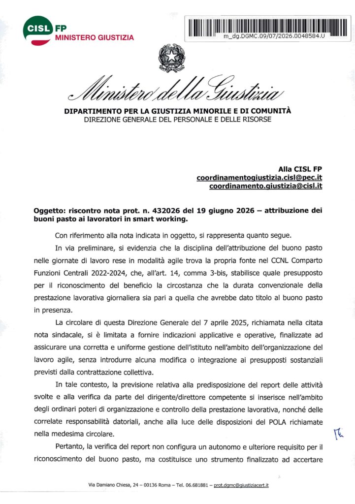 219 – ATTRIBUZIONE DEI BUONI PASTO AI LAVORATORI IN SMART WORKING – LA RISPOSTA DELL’AMMINISTRAZIONE