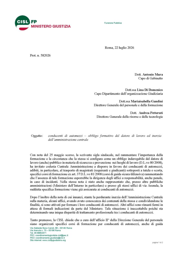 234 – CONDUCENTI DI AUTOMEZZI – OBBLIGO FORMATIVO DEL DATORE DI LAVORO ED INERZIA DELL’AMMINISTRAZIONE CENTRALE – LA NOTA DELLA CISL  FP