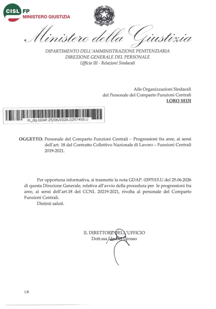 204 – PERSONALE DEL COMPARTO FUNZIONI CENTRALI – PROGRESSIONI FRA AREE, AI SENSI DELL’ART. 18 DEL CONTRATTO COLLETTIVO NAZIONALE DI LAVORO – FUNZIONI CENTRALI 2019-2021 – LA NOTA DELL’AMMINISTRAZIONE