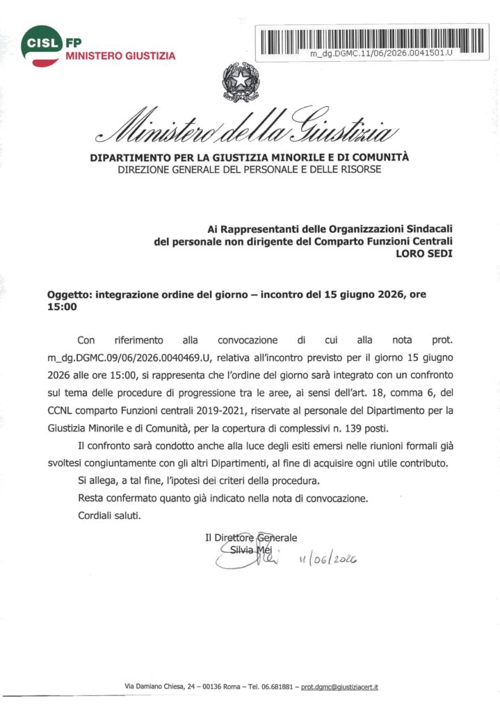 180 – PROGRESSIONI IN DEROGA E STABILIZZAZIONE DISTACCATI – INCONTRO DEL 15 GIUGNO 2026: INTEGRAZIONE ORDINE DEL GIORNO – LA NOTA DELL’AMMINISTRAZIONE