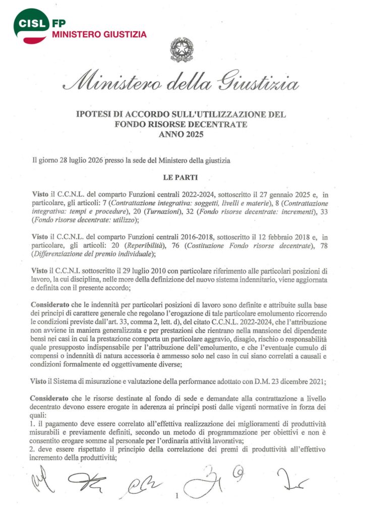 245 – IPOTESI DI ACCORDO CRITERI DI PAGAMENTO FONDO RISORSE DECENTRATE ANNO 2025 – IL DOCUMENTO SOTTOSCRITTO