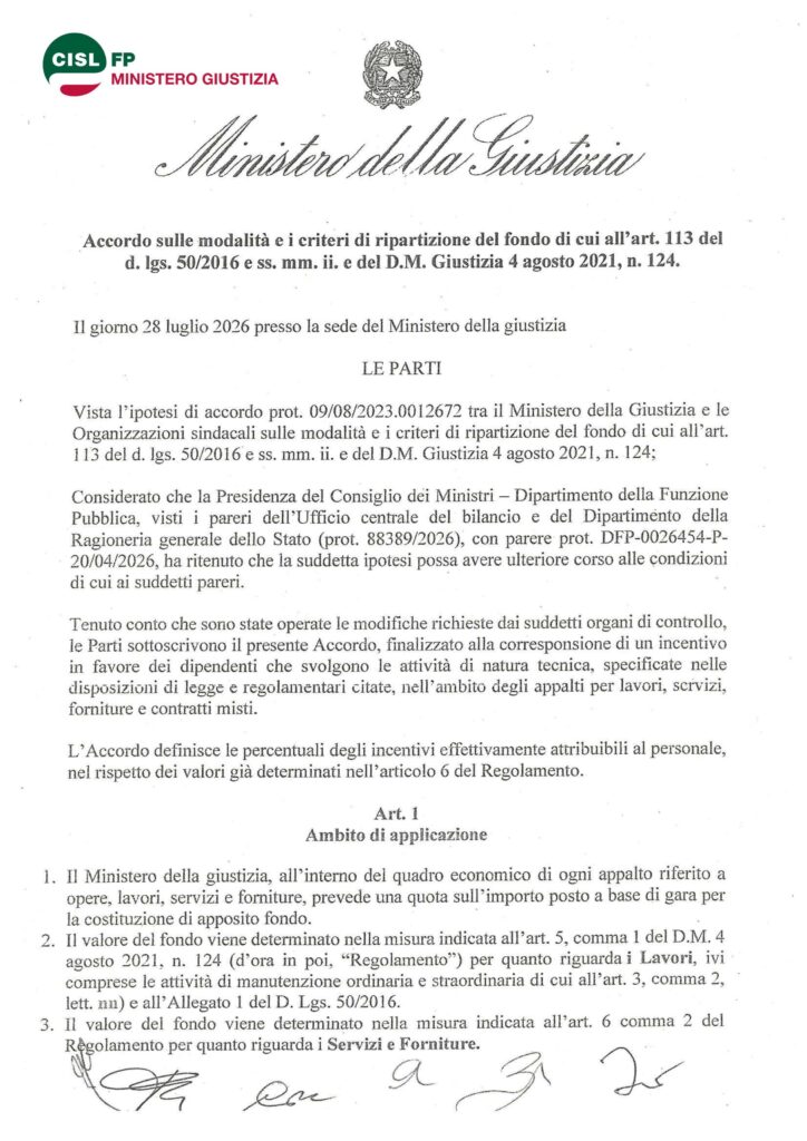 246 – ACCORDO SUI CRITERI DI RIPARTIZIONE DEL FONDO EX ART.113 D.L.VO 50/2016 E SS MM II DEL DM GIUSTIZIA 4.8.2021 N.124 (PARTE NORMATIVA) – IL DOCUMENTO SOTTOSCRITTO