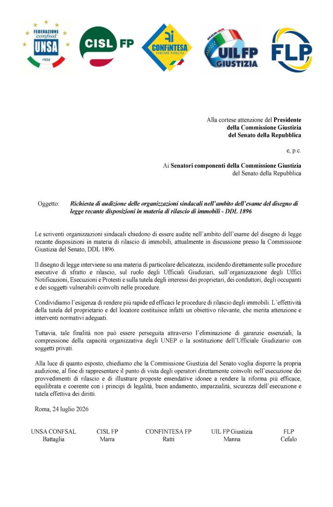 239 – DDL 1896 – RICHIESTA UNITARIA DI AUDIZIONE DELLE ORGANIZZAZIONI SINDACALI NELL’AMBITO DELL’ESAME DEL DISEGNO DI LEGGE RECANTE DISPOSIZIONI IN MATERIA DI RILASCIO DI IMMOBILI