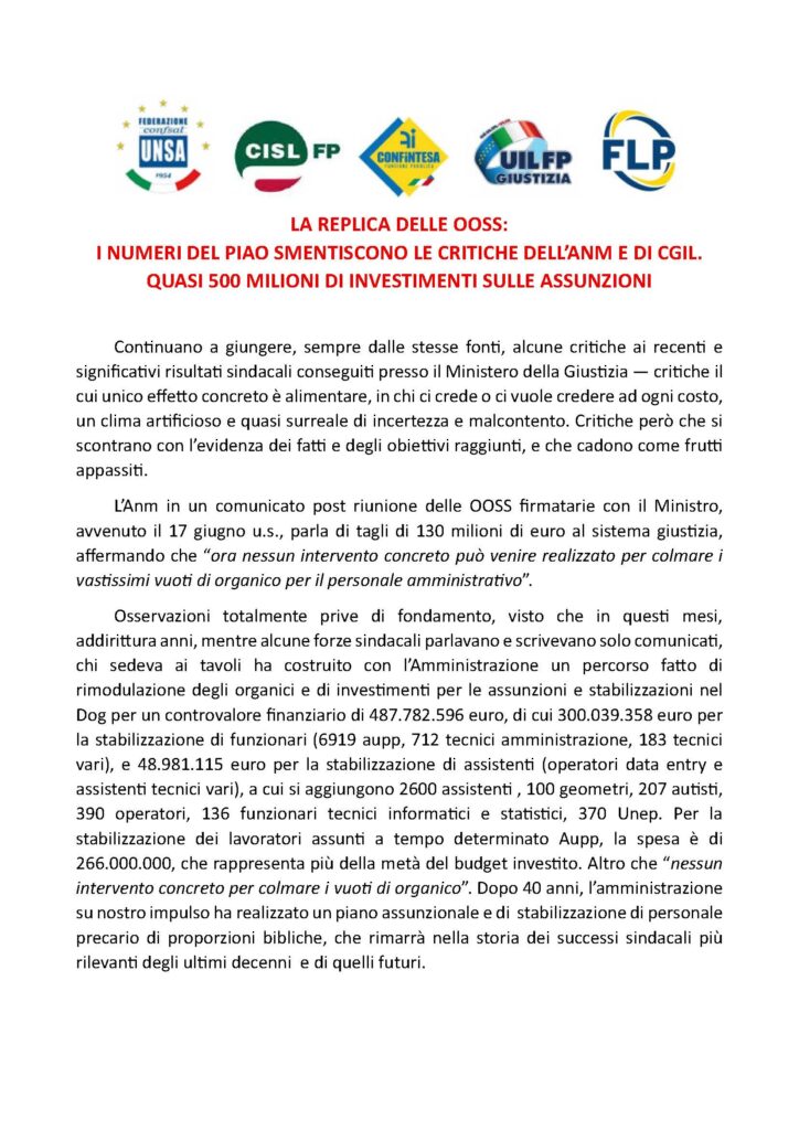 185 – LE CRITICHE DELL’ANM E DI CGIL  – LA REPLICA DELLE OO SS FIRMATARIE DEL CCNL:  QUASI 500 MILIONI DI INVESTIMENTI SULLE ASSUNZIONI