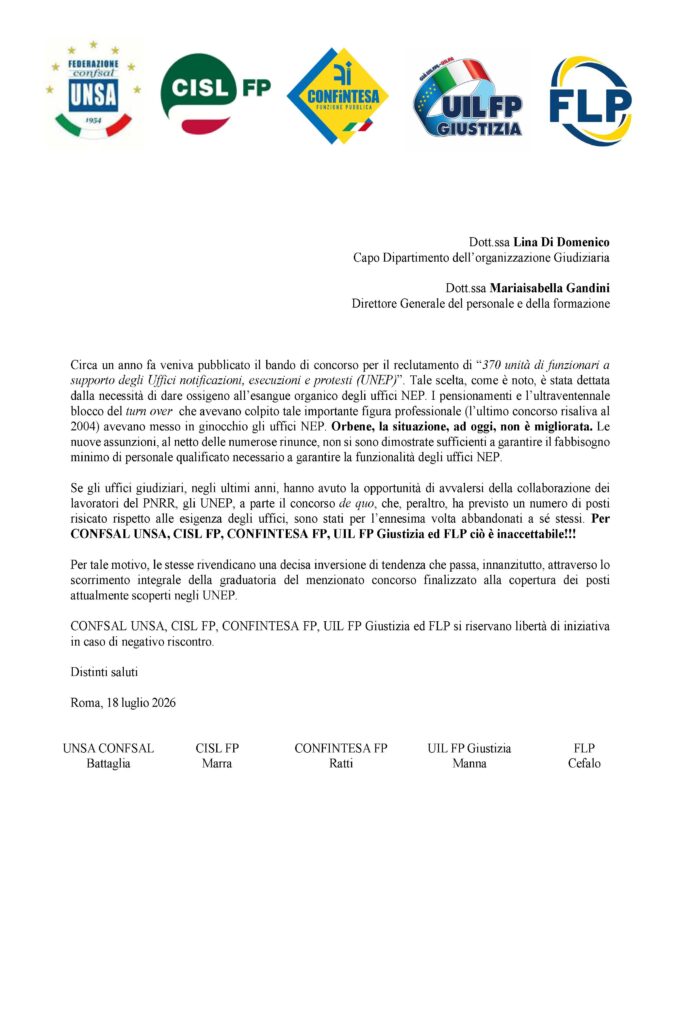 232 – BANDO DI CONCORSO PER IL RECLUTAMENTO DI “370 UNITÀ DI FUNZIONARI A SUPPORTO DEGLI UFFICI NOTIFICAZIONI, ESECUZIONI E PROTESTI (UNEP)” – RICHIESTA UNITARIA SCORRIMENTO INTEGRALE DELLA GRADUATORIA