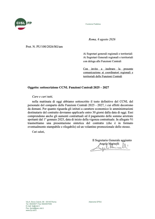 SOTTOSCRITTO IL CCNL COMPARTO FUNZIONI CENTRALI 2025/2027: I DOCUMENTI ILLUSTRATIVI DELLA CISL FP