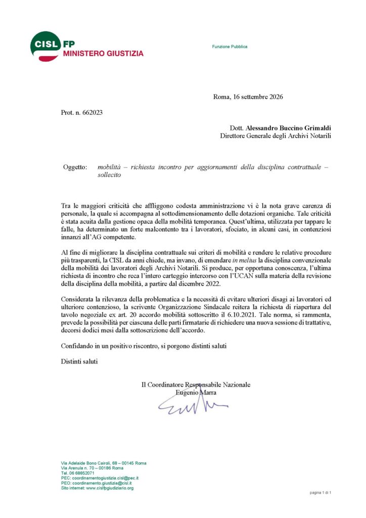 282 – MOBILITÀ – RICHIESTA INCONTRO PER AGGIORNAMENTI DELLA DISCIPLINA CONTRATTUALE – SOLLECITO DELLA CISL FP