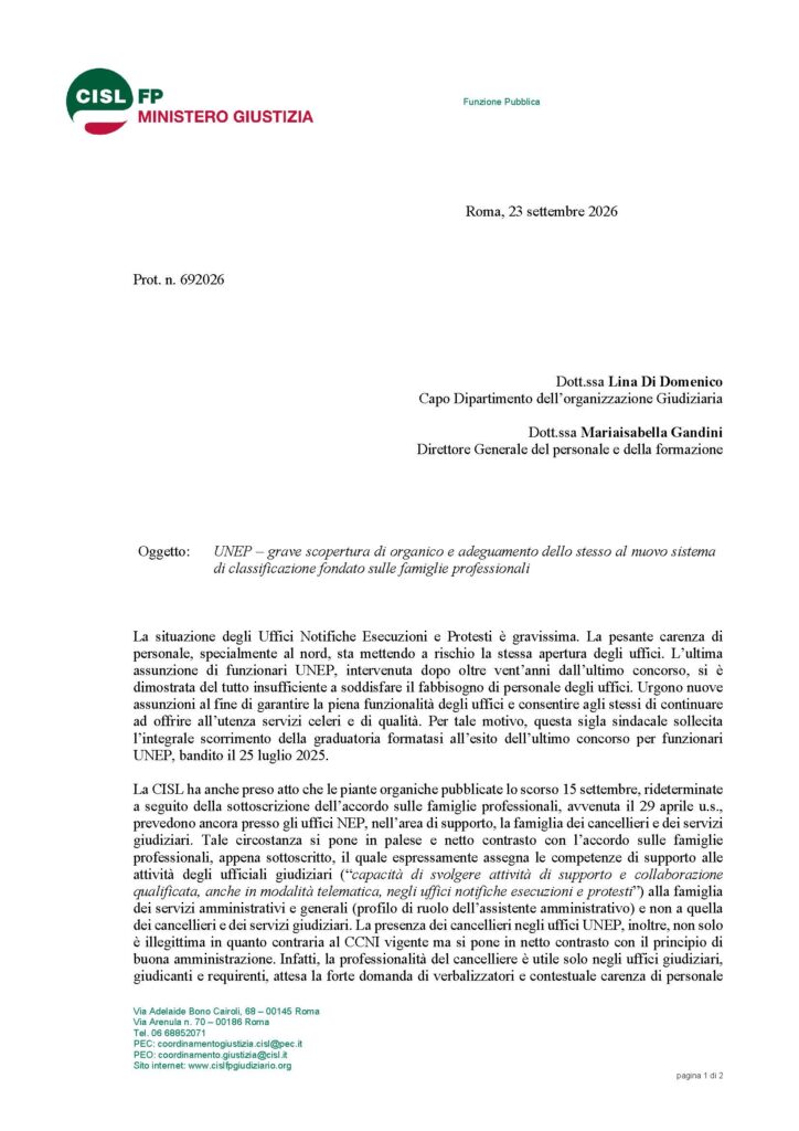 288 – UNEP – GRAVE SCOPERTURA DI ORGANICO E ADEGUAMENTO DELLO STESSO AL NUOVO SISTEMA DI CLASSIFICAZIONE FONDATO SULLE FAMIGLIE PROFESSIONALI – LA NOTA DELLA CISL FP