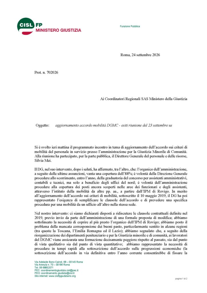 289 – aggiornamento accordo mobilità DGMC – esiti riunione del 23 settembre us