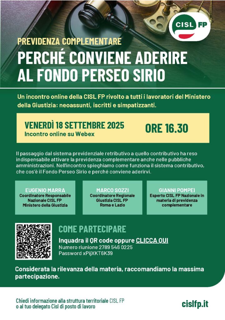 280 – PERCHÉ CONVIENE ADERIRE AL FONDO PERSEO SIRIO – INCONTRO ONLINE SU WEBEX PER NEOASSUNTI, ISCRITTI E SIMPATIZZANTI