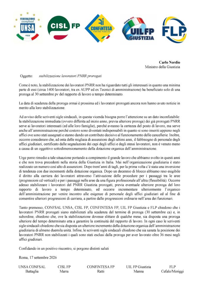 285 – STABILIZZAZIONE LAVORATORI PNRR PROROGATI – NOTA UNITARIA CISL UNSA UIL CONFINTESA FLP