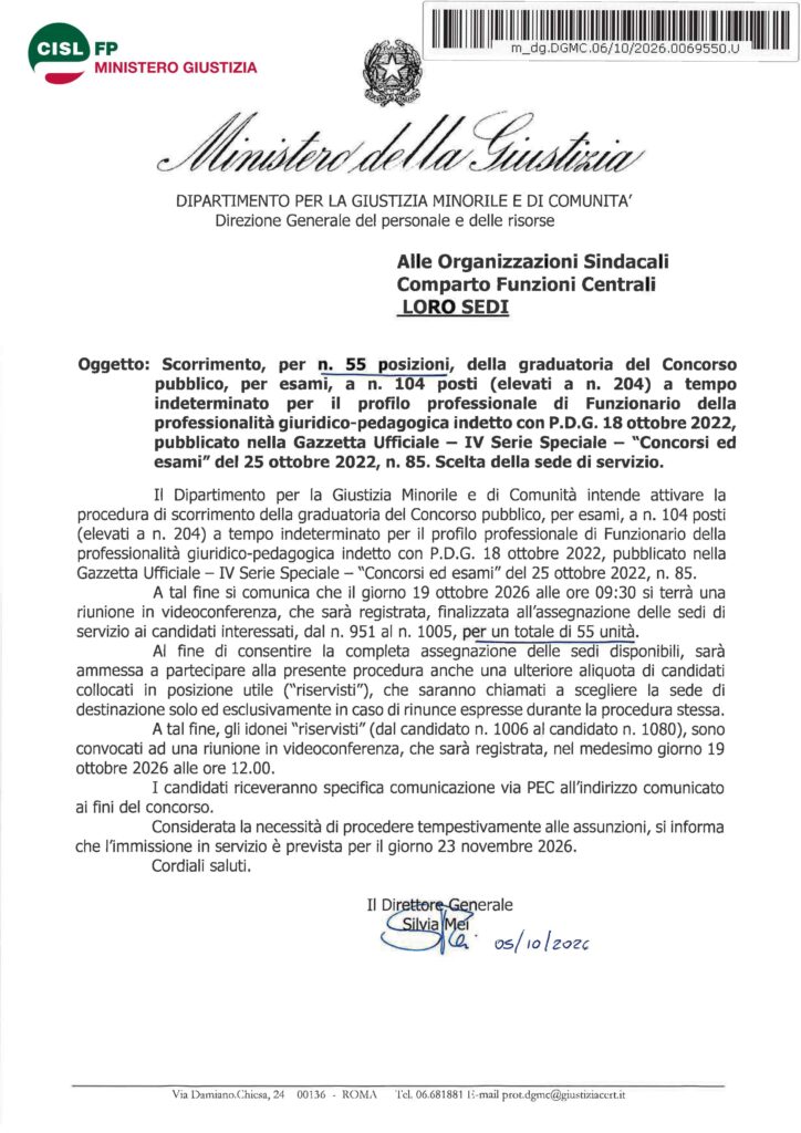 301 – SCORRIMENTO, PER N. 55 POSIZIONI, DELLA GRADUATORIA DEL CONCORSO PUBBLICO, PER ESAMI, A N. 104 POSTI (ELEVATI A N. 204) A TEMPO INDETERMINATO PER IL PROFILO PROFESSIONALE DI FUNZIONARIO DELLA PROFESSIONALITÀ GIURIDICO-PEDAGOGICA INDETTO CON P.D.G. 18 OTTOBRE 2022, PUBBLICATO NELLA GAZZETTA UFFICIALE – IV SERIE SPECIALE – “CONCORSI ED ESAMI” DEL 25 OTTOBRE 2022, N. 85 – SCELTA DELLA SEDE DI SERVIZIO – LA NOTA DELL’AMMINISTRAZIONE