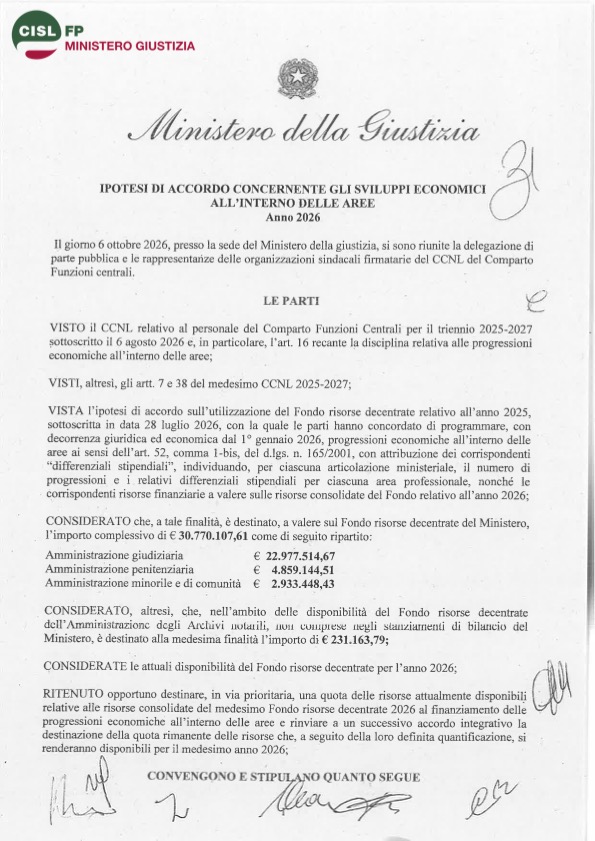 298 – IPOTESI DI ACCORDO SUGLI SVILUPPI ECONOMICI ALL’INTERNO DELLE AREE PER I LAVORATORI DELLA GIUSTIZIA – IL DOCUMENTO SOTTOSCRITTO