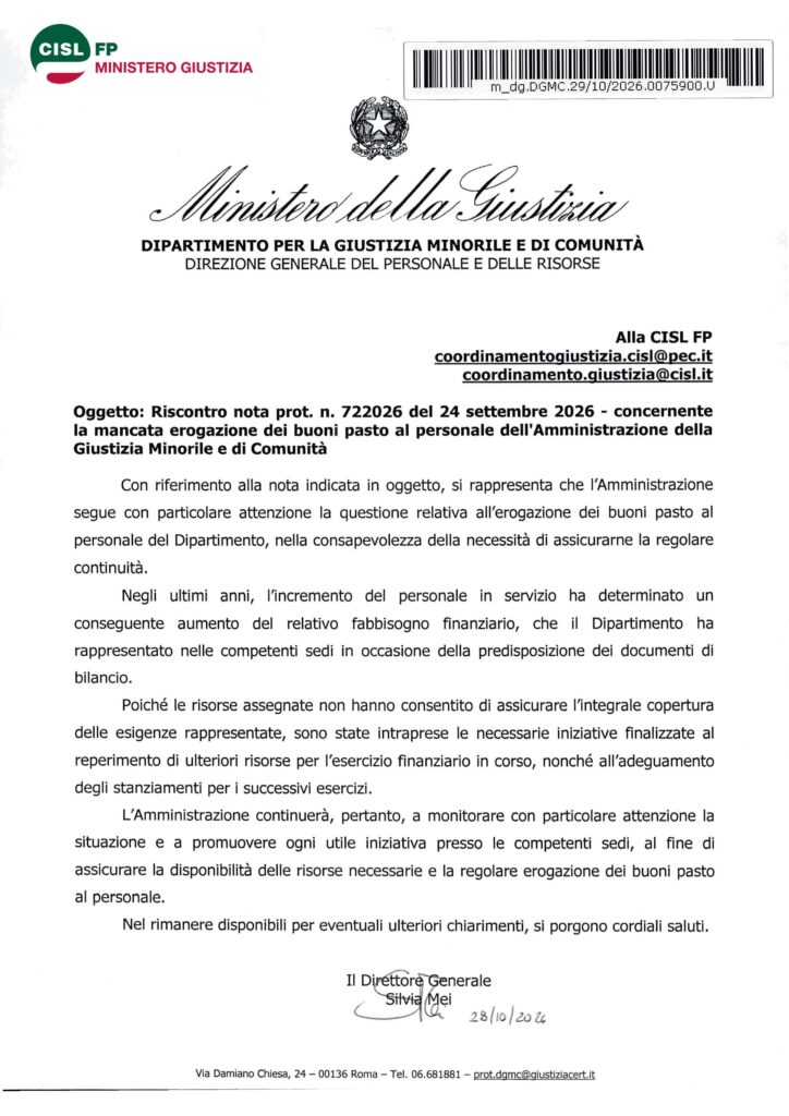 322 – MANCATA EROGAZIONE DEI BUONI PASTO AL PERSONALE DELL’AMMINISTRAZIONE DELLA GIUSTIZIA MINORILE E DI COMUNITÀ – IL DGMC RISPONDE ALLA CISL