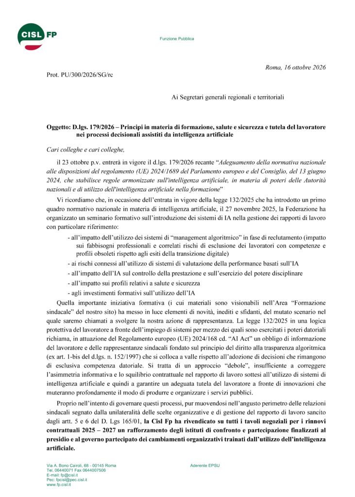 309 – DECRETO LEGISLATIVO 7 OTTOBRE 2026, N. 179:  ADEGUAMENTO DELLA NORMATIVA NAZIONALE ALLE DISPOSIZIONI DEL REGOLAMENTO (UE) 2024/1689 DEL PARLAMENTO EUROPEO E DEL CONSIGLIO, DEL 13 GIUGNO 2024, CHE STABILISCE REGOLE ARMONIZZATE SULL’INTELLIGENZA ARTIFICIALE, IN MATERIA DI POTERI DELLE AUTORITÀ NAZIONALI E DI UTILIZZO DELL’INTELLIGENZA ARTIFICIALE NELLA FORMAZIONE – LA NOTA DI COMMENTO DELLA FEDERAZIONE NAZIONALE